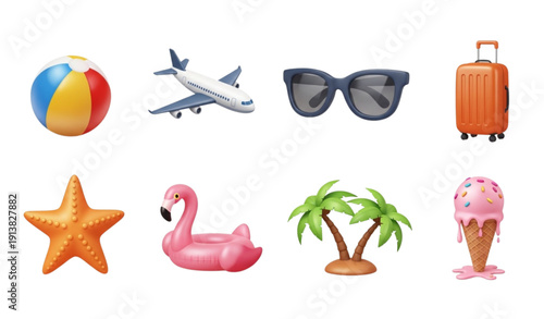 Realistic 3D Summer Vacation Icons Set with Beach Ball, Airplane and Palm Trees