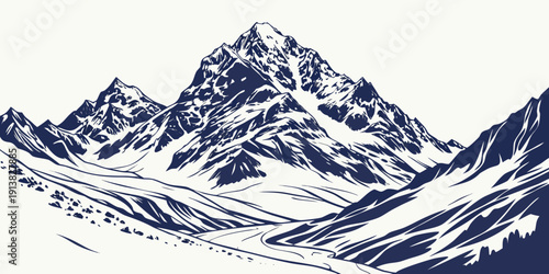 Majestic snow-covered mountains with deep valleys and rugged peaks