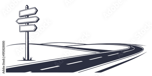 A winding road with multiple directional signs pointing to various destinations.