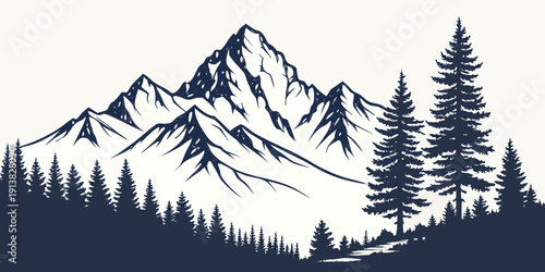 Majestic mountain range with tall pine trees under a starry night sky