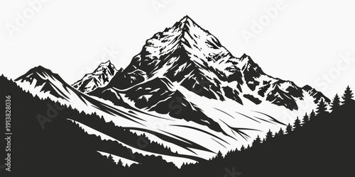 Majestic snow-capped mountain peaks towering above a dense forest