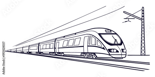A sleek, modern train traveling at high speed on a railway track