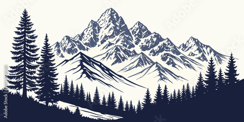 Majestic mountain range with snow covered peaks and dense forest in foreground
