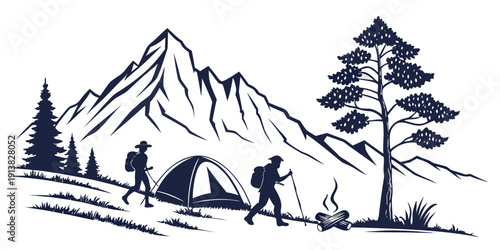 A serene camping scene with mountains and trees in the background