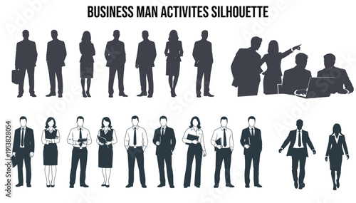 Business people silhouettes engaged in various professional activities
