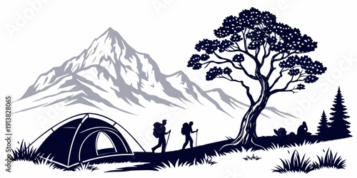 A group of hikers setting up camp at the foot of a majestic mountain