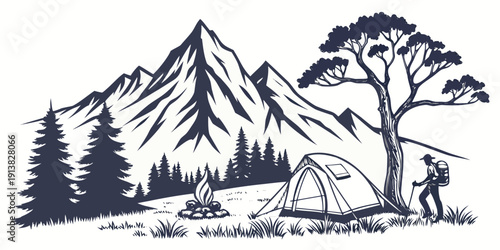 A serene mountain landscape with a tent and a tree under a clear sky.