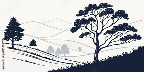 Silhouette of trees on a hillside with a distant landscape under a starry sky.