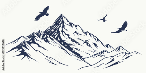 Majestic mountain peak with soaring birds in a serene landscape