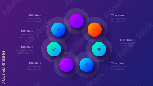 Modern Business Infographic with 7 Steps. Colorful Gradient Circles and Icons on Dark Purple Background. Vector Layout for Presentation or Web
