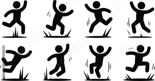 Eight black stick figure characters perform lively running and jumping actions with spiky ground effects