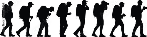 Eight black silhouette hikers with backpacks and trekking poles performing various actions outdoors