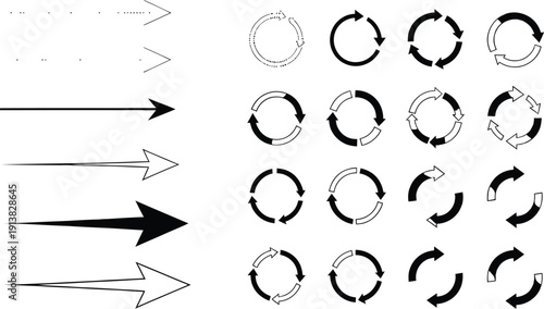 Vector set of black and white arrows and circular refresh icons, including solid, outlined, and segmented designs, isolated on transparent background for UI elements.