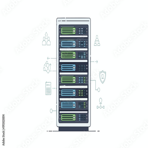 Modern Data Center Server Rack with Digital Network Equipment