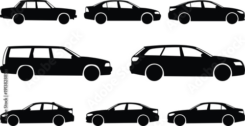 Car silhouette collection, sedan and wagon vehicle side view set, transportation design icons, automobile black flat vector illustration