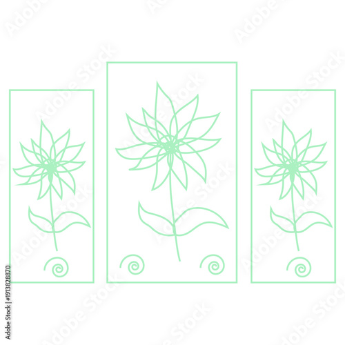 Abstract art with three panels with stylized mint line flowers, with pointed petals, leaves, and spiral motifs. Ideal for wallpaper, fabric prints, or elegant graphic design pr