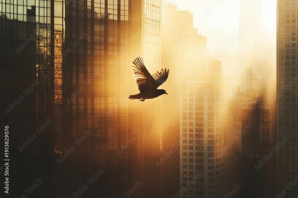 Fototapeta premium Bird soaring through a city skyline during sunset with warm light illuminating buildings
