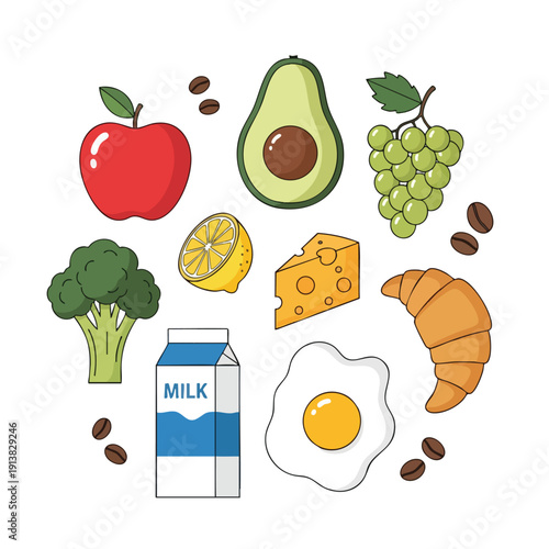 Fresh Healthy Food Collection Fruits Vegetables Dairy and Grains for a Nutritious Diet