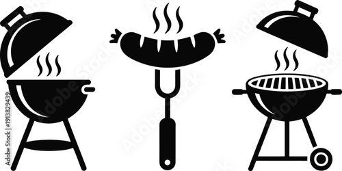 Black and white of barbecue grills and a sausage on a skewer cooking 1