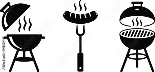 Black and white of barbecue grills and a sausage on a skewer cooking 2
