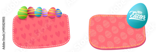 Happy Easter horizontal web banner with turquoise egg lettering and colorful eggs, festive pink patterned header isolated on white. Creative Easter greeting card banner with hand-drawn lettering