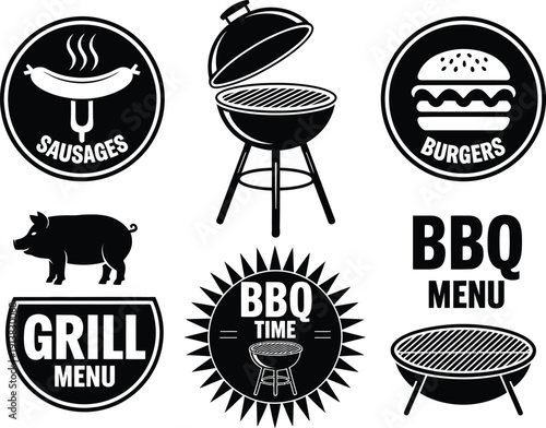Black and white B Q and grill menu with sausages, burgers, and grills 2