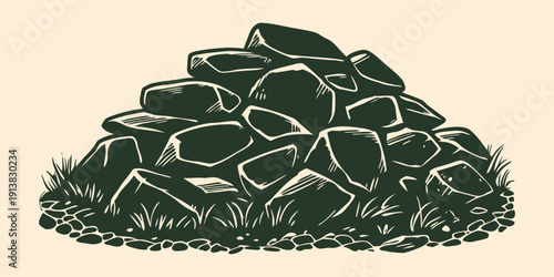 Pile of Rocks Vector Illustration Isolated on Beige Background, Stone Heap Silhouette, Natural Rock Formation Illustration