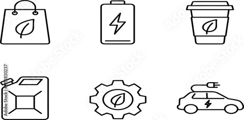 Set of eco friendly sustainability line icons featuring electric car, charging battery, recycling bag, organic coffee cup, gear, and fuel canisterSet of eco friendly sustainability 
