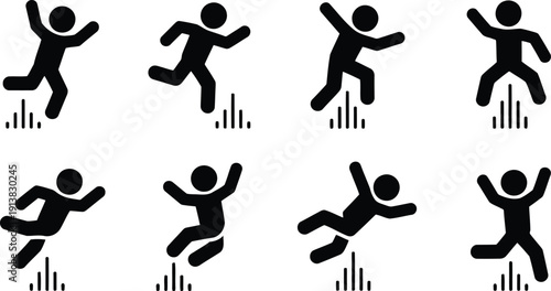 Eight simple black stick figures in dynamic poses demonstrate running and jumping movements with motion lines