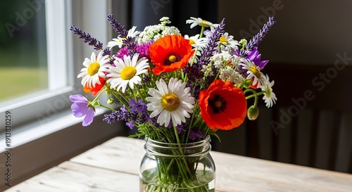 Wallpaper Mural A beautiful bouquet of wildflowers including daisies, poppies, and lavender in a glass jar. Torontodigital.ca