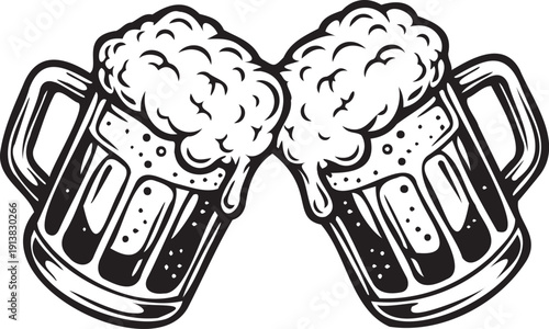 Frothy beer mugs clinking with thick foam bubbles vector illustration
