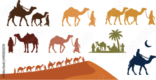 The image is a collection of nine distinct silhouette illustrations, each depicting scenes related to desert travel with camels and human figures.