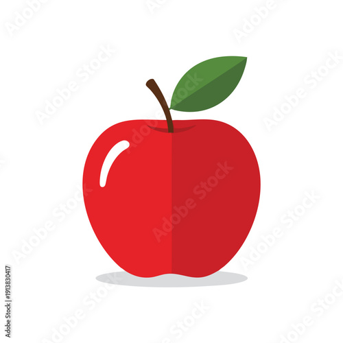 Bright Red Fresh Apple with Green Leaf on White Background