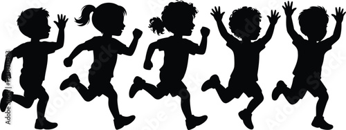 Energetic diverse group of young children playing together, running and jumping with happy expressions
