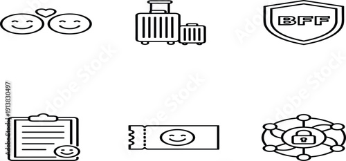 Set of lifestyle and security line icons featuring friendship emojis, travel suitcases, BFF shield, happy checklist, ticket, and secure networkSet of lifestyle and security line icons featuring 