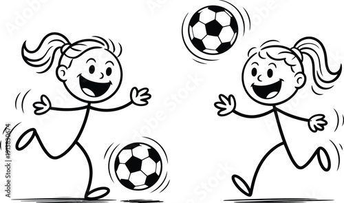 Enthusiastic stick figures of young girls are shown enjoying a lively soccer match with balls