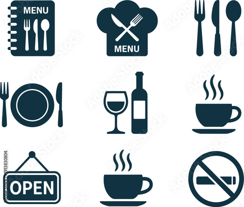 Dark blue of food, drink, and restaurant symbols on white background menu 1