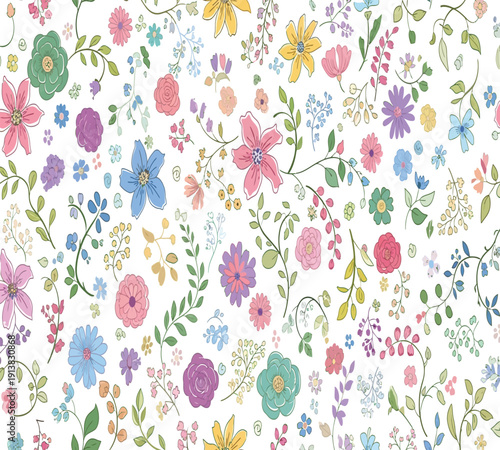 Vibrant floral pattern with diverse colorful flowers and leaves on white background