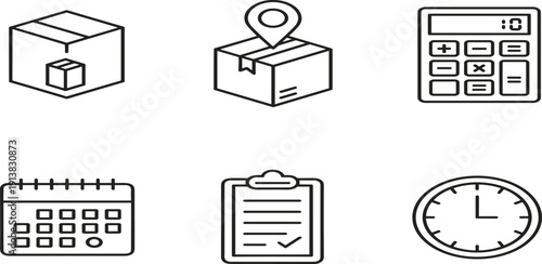 Set of logistics and office management line icons featuring delivery boxes, location pin, calculator, calendar, checklist clipboard, and analog wall clockSet of logistics and office 