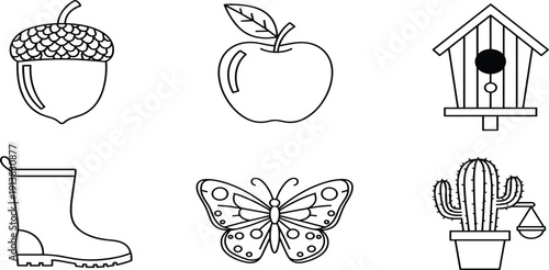 Minimalist nature and garden icon set featuring acorn, apple, birdhouse, rubber boot, butterfly, and potted cactus in black line art styleMinimalist nature and garden icon set 