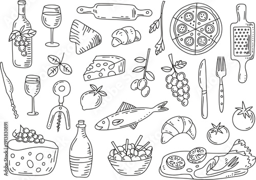 Assorted Food and Cooking Utensils in Black and White drink wine glass bottle