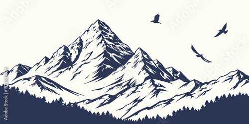Majestic snow-capped mountains with birds flying in a clear blue sky