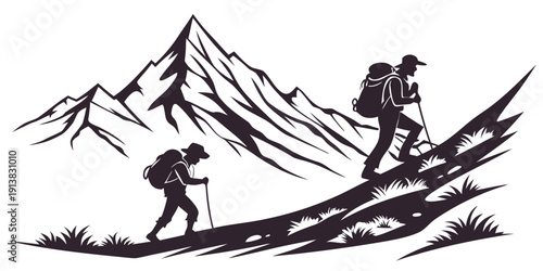 Two hikers ascend a steep mountain trail with backpacks under a clear sky