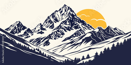 Sunset over snow-covered mountain peaks with a full moon rising.