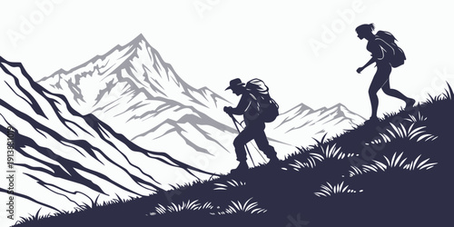 Two hikers trekking through a rugged mountain landscape with backpacks.