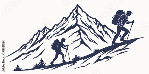 Two hikers ascending a steep mountain slope with snow and rocky terrain.