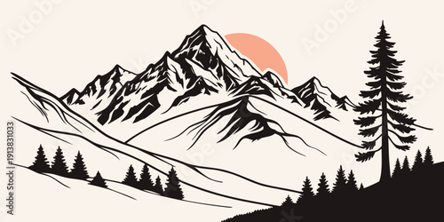 Majestic mountain range with a setting sun and dense forest in the foreground