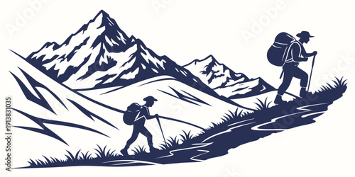Two hikers traversing a rugged mountain landscape with snow-capped peaks.