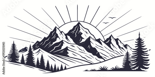 Majestic mountains rise above a serene valley with a radiant sunrise