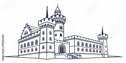 A grand medieval castle with intricate architectural details and a prominent central tower